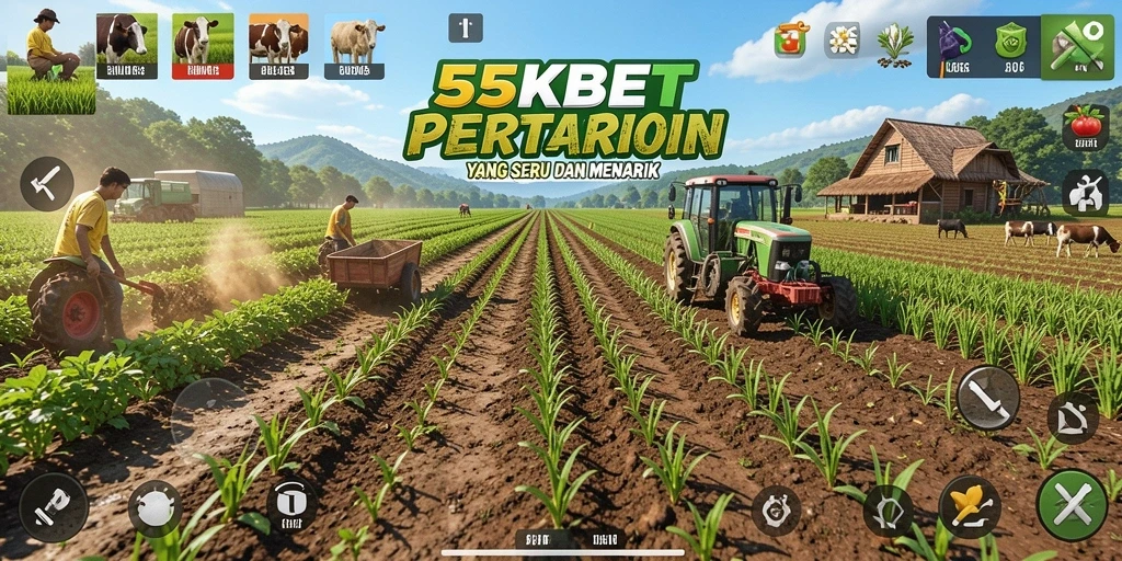 Tampilan screenshot gameplay <strong>55KBET</strong> yang menampilkan aktivitas pertanian yang aktif.