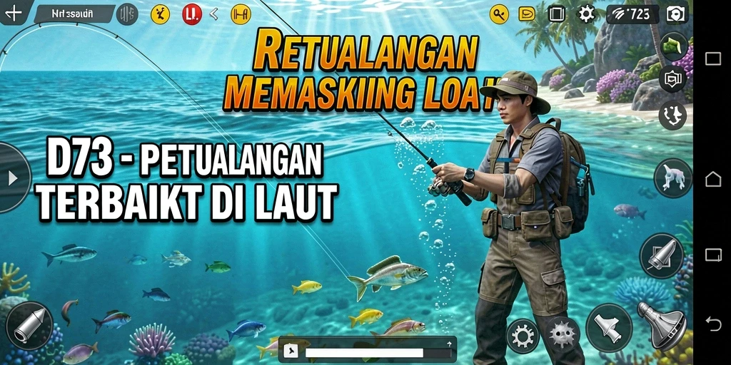 Tampilan gameplay D73 yang menarik saat menangkap ikan di laut.