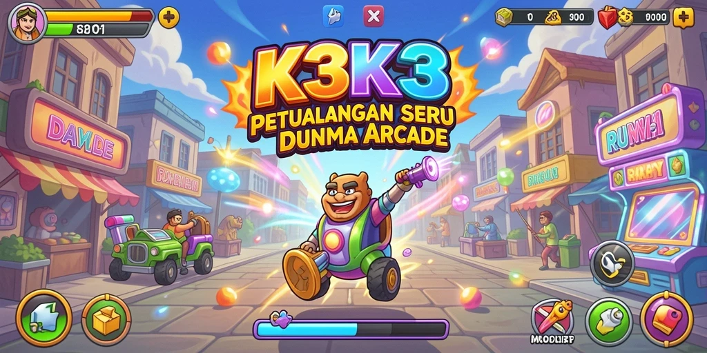 Tangkapan layar K3K3 menampilkan gameplay cepat dan penuh warna dalam dunia arcade.