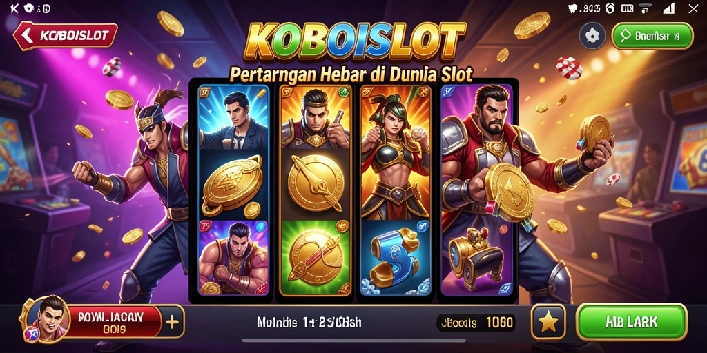Tangkapan layar gameplay KOBOISLOT dengan aksi pertarungan yang intens dan elemen slot.