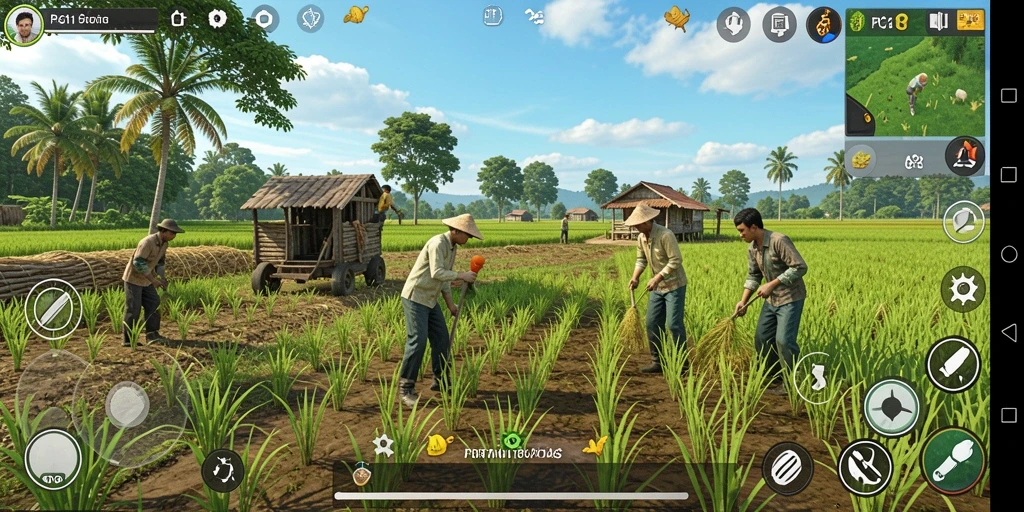 Tampilan gameplay PG11 yang menampilkan ladang yang subur dan hewan ternak.