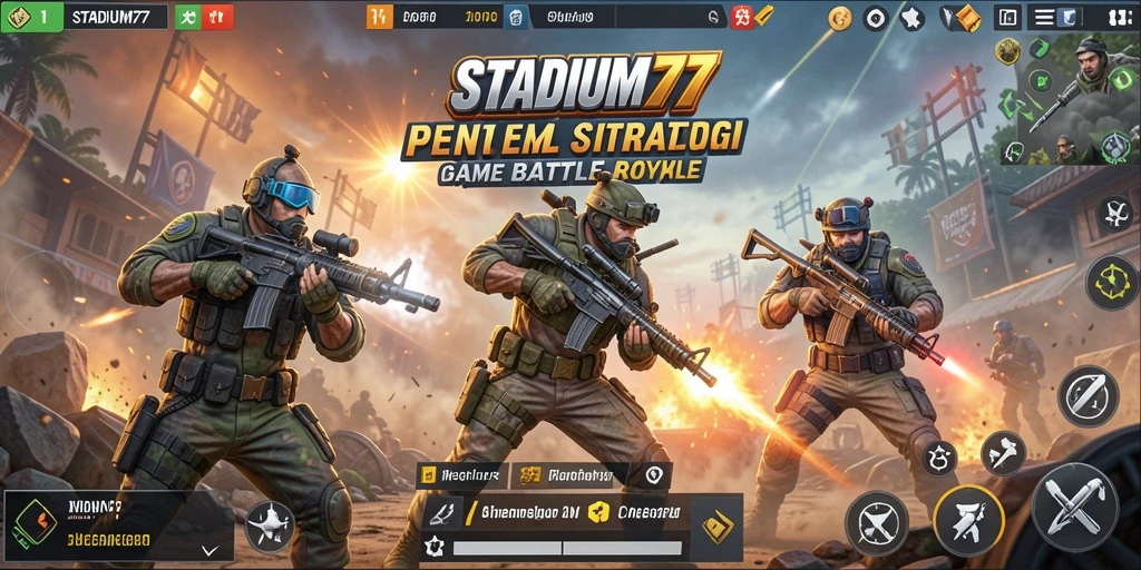 Screenshot STADIUM77 menampilkan aksi pertempuran Battle Royale yang mendebarkan.